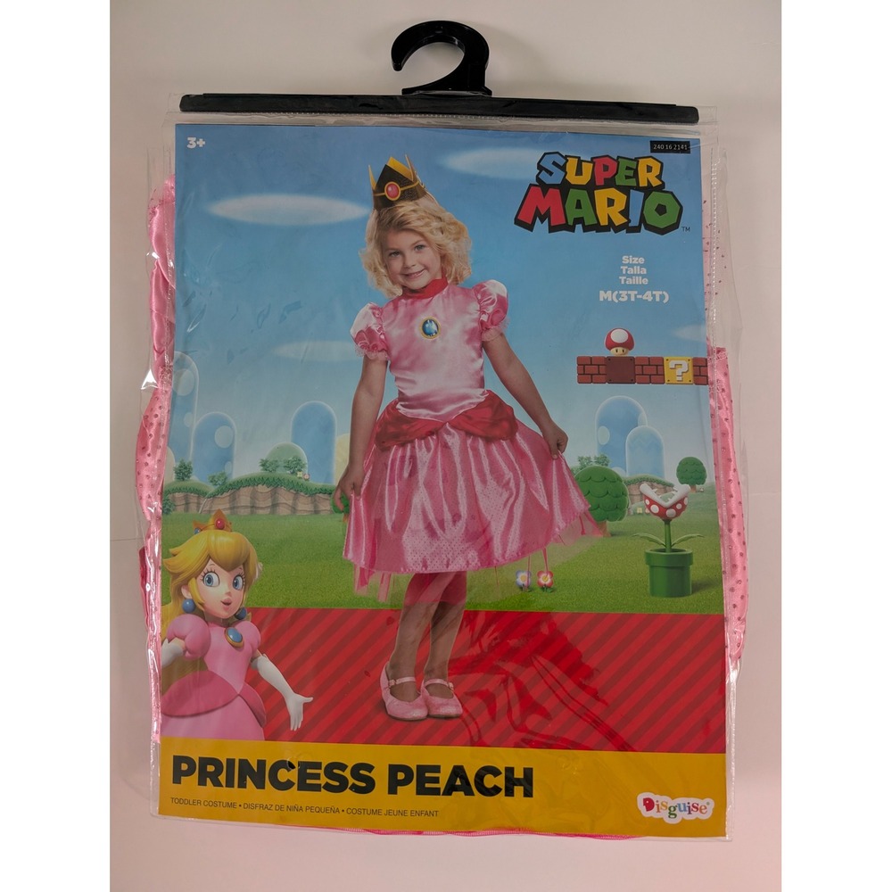 Disguise Super Mario Princess Peach Toddler Costume Pink Dress Crown Size 3T-4T